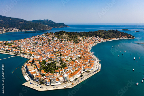 Top aerial view of the Poros island Sea harbor, Aegean sea, Greece. Panoramic view of city Poros