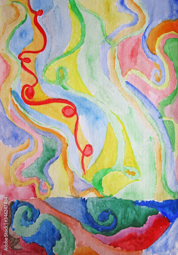 Abstract watercolor composition, sunny funny fantasy colors