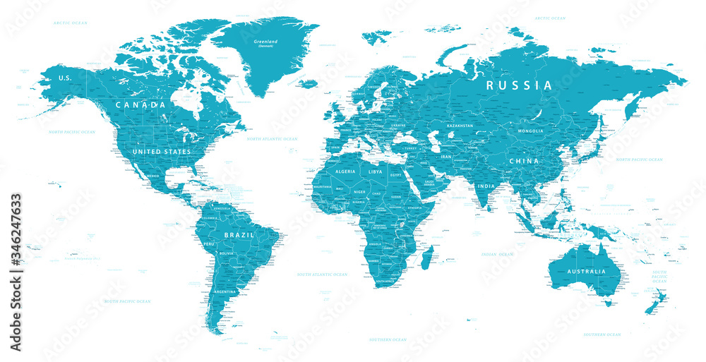 Obraz Polityczna mapa świata - ilustracja wektorowa. Bardzo szczegółowa mapa świata: kraje, miasta, obiekty wodne