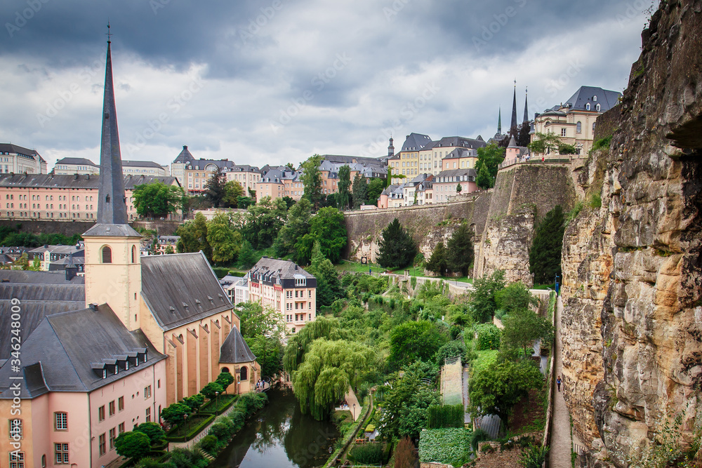 View from the old stone wall on a part of the city of Luxembourg.