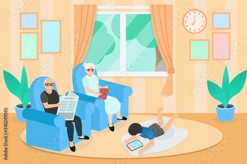 grandfather and grandmother are sitting on a sofa in living room, A boy reading and playing tablet lying down, Grandfather reading the newspaper, Grandma reading a book, stay at home.