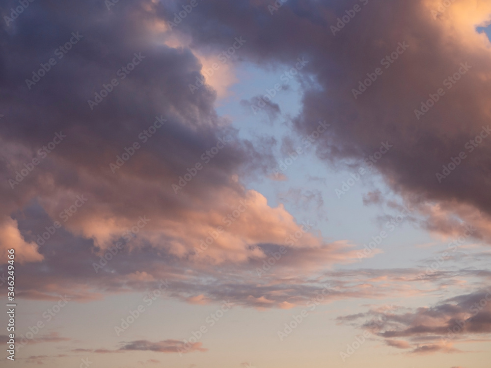 Cloudscape of gray-white thunderclouds in a blue sky with pink lights at sunset.