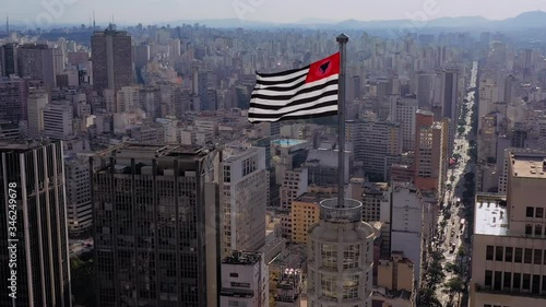 Aerial view of Altino Arantes building, called Banespao with the flag fluttering, Sao Paulo downtown, Brazil photo