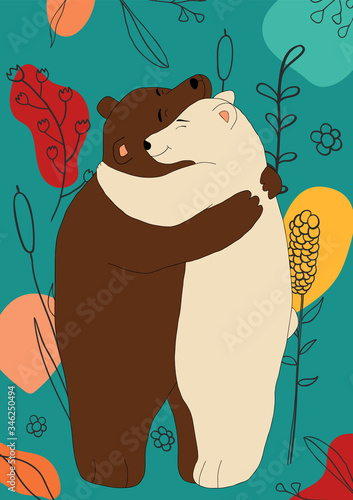 Brown and polar bear hugging in the turquoise woods full of plants and flowers. Cute vector love relationship illustration. Stop racism. Interracial relations postcard. Multiracial poster.