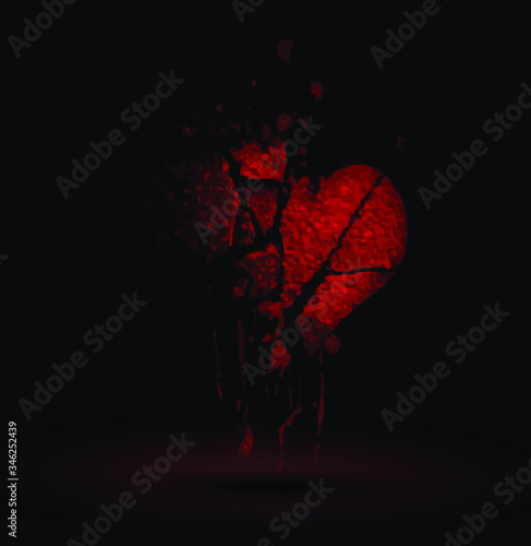 Red broken heart on the black background