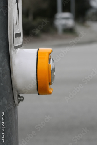 Vertical color photograph of a crosswalk button