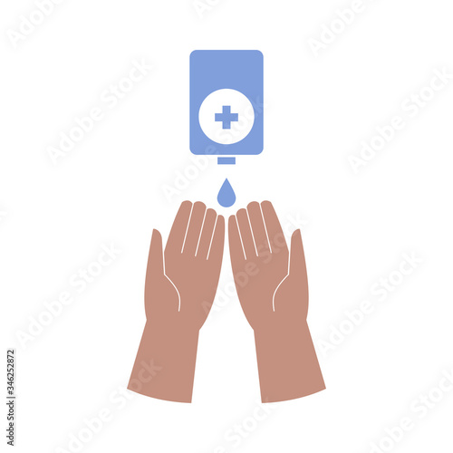 Hand and hygiene product, liquid soap, sanitizer or antibacterial antiseptic gel. Isolated vector illustration, color image