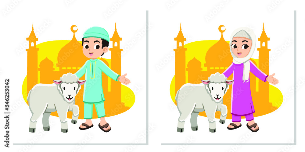 Happy muslim boy and girl with Eid Al-Adha sheep Premium Vector
