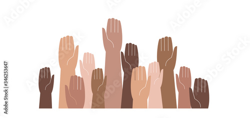 Hands of different skin colors raised up. Vector illustration