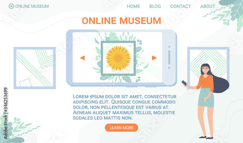 Online museum web banner template. Stay home, interactive gallery, exhibit digital education, mobile excursion, quarantine entertainment concept. Stock vector illustration in flat cartoon style.