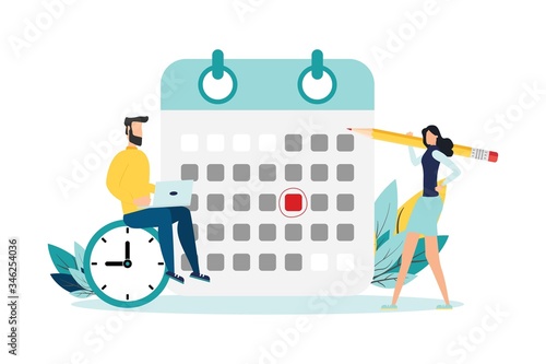 vector illustration. little people characters make an online schedule in the tablet. design business graphics tasks scheduling on a week - Vector - Vector photo