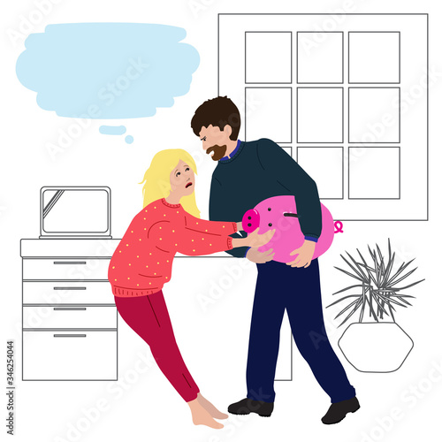 ouple argue over the piggy bank. Flat illustration concept for  family law attorney advises in divorce cases, property division. Template with copy space for website, social media