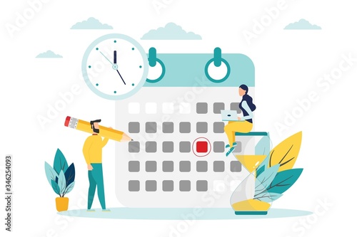 vector illustration. little people characters make an online schedule in the tablet. design business graphics tasks scheduling on a week - Vector - Vector
