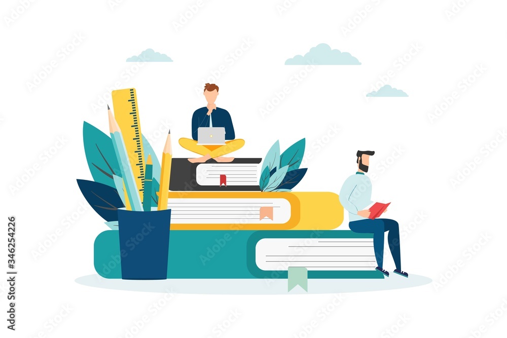 Education vector. people learn, gain knowledge by reading books and the Internet. online students composition design.