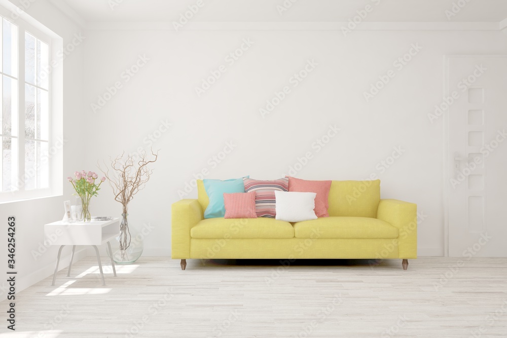 Fototapeta premium White living room with sofa. Scandinavian interior design. 3D illustration