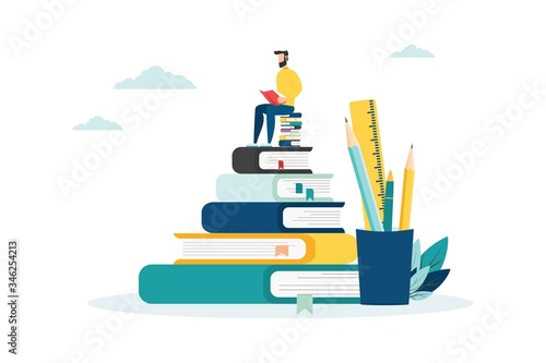 Education vector. people learn, gain knowledge by reading books and the Internet. online students composition design.