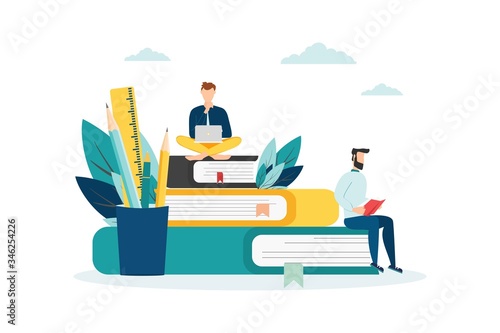 Education vector. people learn, gain knowledge by reading books and the Internet. online students composition design.