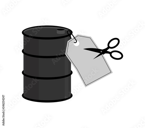 Barrel oil Price tag and scissors. Oil price decline. Cutting prices illustration. Discount price reduction