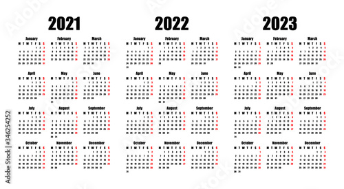 calendar 2021, 2022 and 2023, week starts on Monday, basic business template. vector illustration