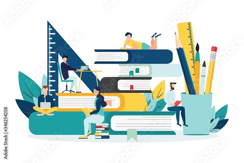 Education vector. people learn, gain knowledge by reading books and the Internet. online students composition design.