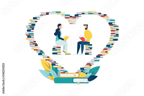 Education vector. people learn, gain knowledge by reading books. Internet design composition for students. Love for books, heart of books.