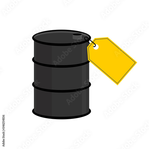 Barrel oil blank yellow price tag. Discount price reduction. Oil price decline. Cutting prices illustration.