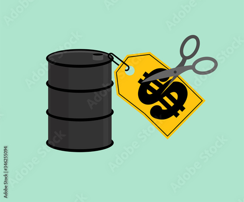 Barrel oil Price tag and scissors. Oil price decline. Cutting prices illustration. Discount price reduction