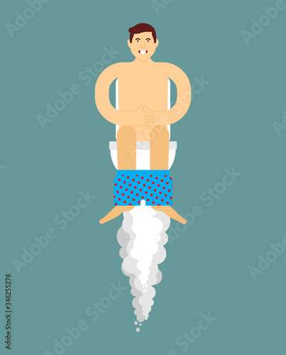 Great farting. Flying on toilet. flatulence vector illustration