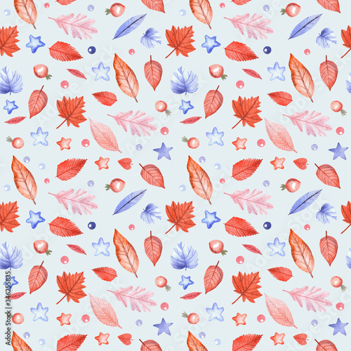 Seamless pattern with autumn leaves and rosehip berries on blue background. Hand painted watercolor illustration.
