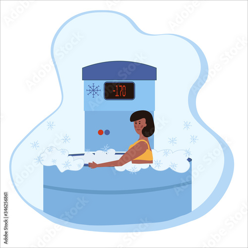 A woman undergoes a full body cryotherapy course in a cryosauna. Vector illustration in cartoon flat style.
