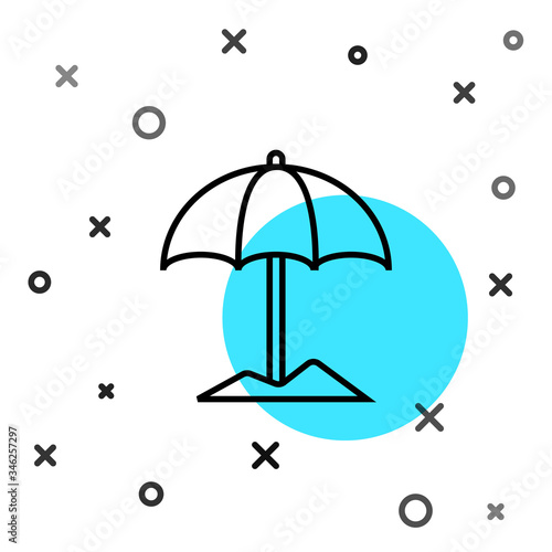 Black line Sun protective umbrella for beach icon isolated on white background. Large parasol for outdoor space. Beach umbrella. Random dynamic shapes. Vector Illustration