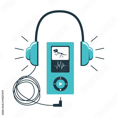 Icon of the Museum audio guide. Headphones with a wire connected to a gadget with control buttons. Audio accompaniment in the Museum. Vector illustration in blue color scheme. isolated on white