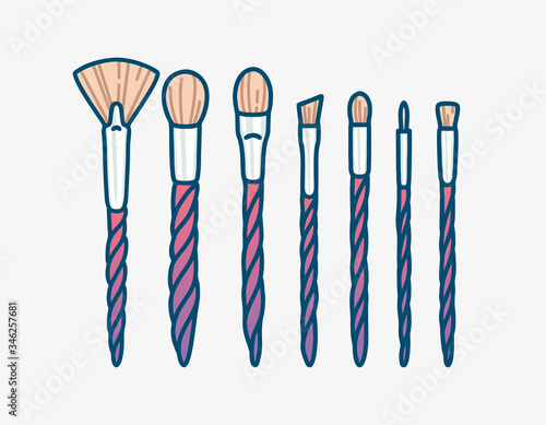 Unicorn makeup brushes set. Vector outline illustration. Beauty and skincare icons set, isolated on white background. Make up collection for shop and salon