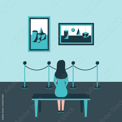 A girl sits back on a bench in a Museum, at an exhibition of modern art and looks at abstract paintings hanging on the wall behind the fence. Monochrome blue color scheme. Vector illustration. Concept