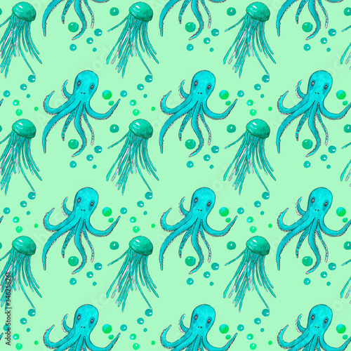 Watercolor illustration. seamless pattern with marine life. jellyfish  octopuses  air bubbles. pattern for fabric. drawing on paper. On a blue background