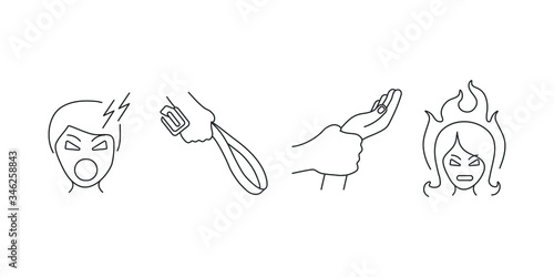 line icons set, outbreaks of aggression by men and women
