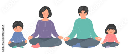 Family meditation. Mother and father with children sitting in lotuse pose and maditating. Kids yoga, minfulness, relax, breathing lessons.