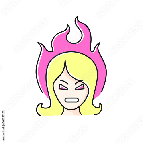 line color icon, anger and rage, the man in flames