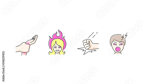 color icons set, outbreaks of aggression by men and women