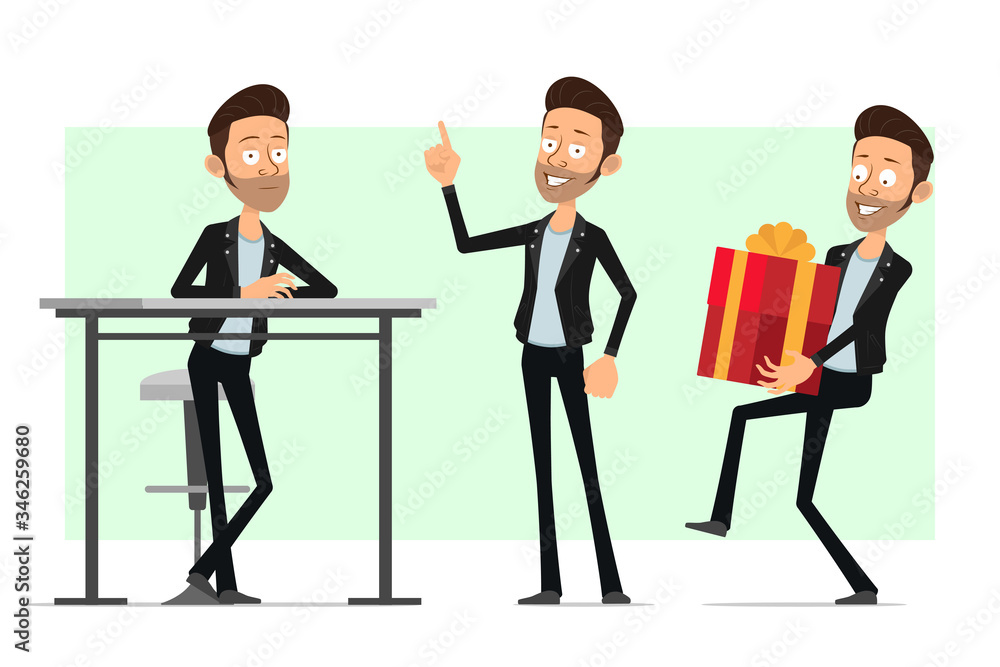 Cartoon flat funny cute bearded rock and roll man character in leather jacket. Ready for animation. Smiling boy carrying gift and showing attention sign. Isolated on white background. Vector icon set.