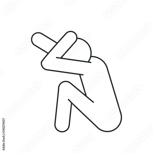 person sits and covers his face from a blow, line icon