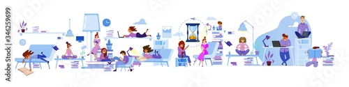 A lot of tiny people sitting on books reading news from newspapers, laptops, tablets, phones are in self-isolation concept flat illustration.