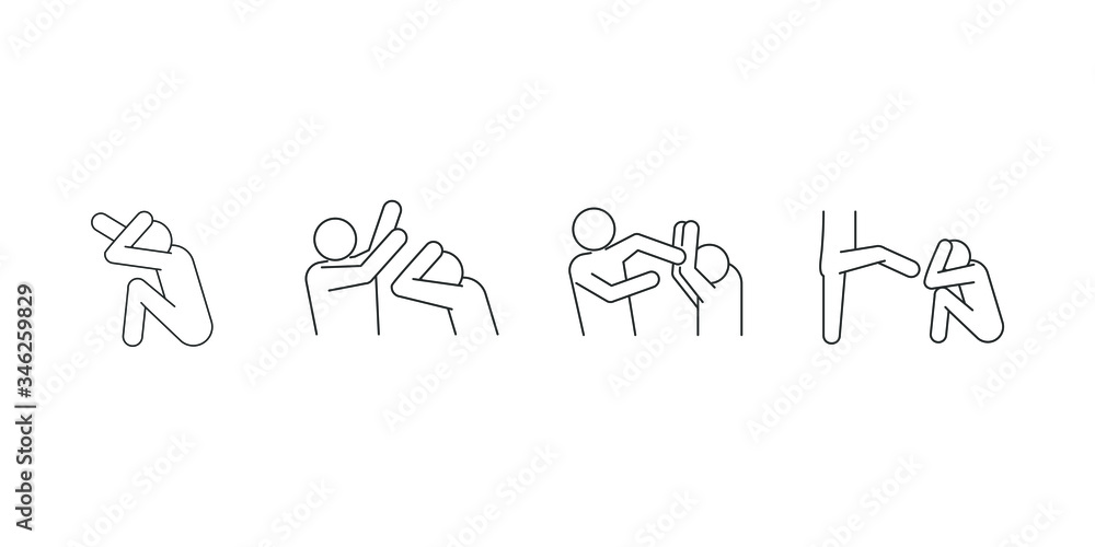 Icons set line, beating a man with arms and legs Icons set line, beating a man with arms and legs