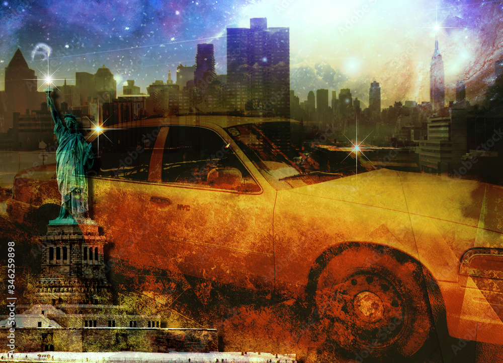 Statue of liberty and New York Panorama. Yellow Cab. 3D rendering