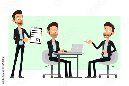 Cartoon flat funny cute bearded rock and roll man character in leather jacket. Ready for animation. Office boy working on laptop and showing to do list. Isolated on white background. Vector icon set.
