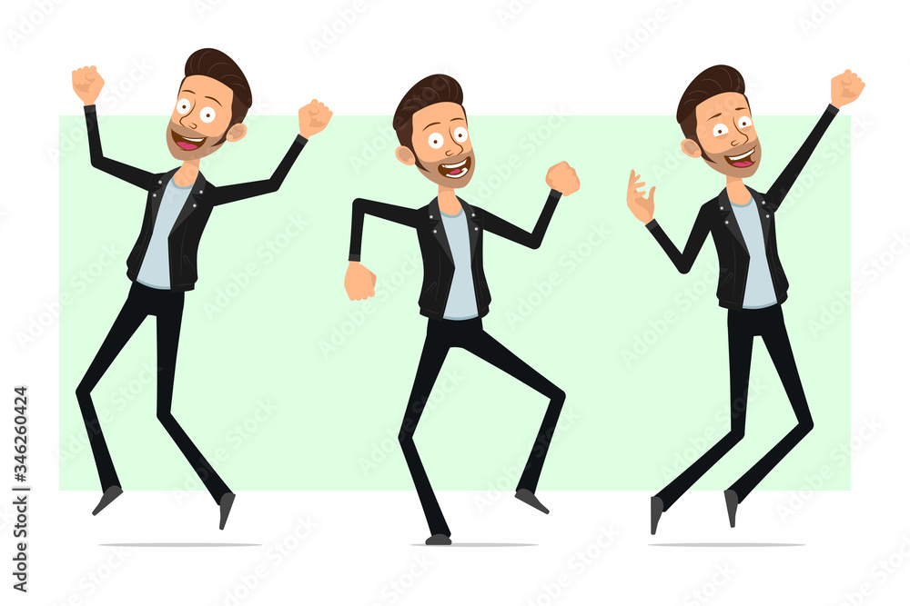 Cartoon flat funny cute bearded rock and roll man character in leather jacket. Ready for animation. Happy boy dancing and jumping. Isolated on white background. Vector icon set. Cartoon flat funny cute bearded rock and roll man character in leather jacket. Ready for animation. Happy boy dancing and jumping. Isolated on white background. Vector icon set.