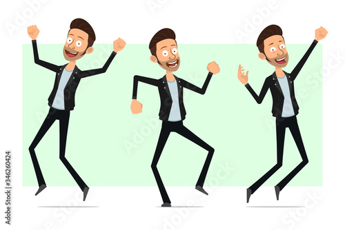 Cartoon flat funny cute bearded rock and roll man character in leather jacket. Ready for animation. Happy boy dancing and jumping. Isolated on white background. Vector icon set. © GB_Art
