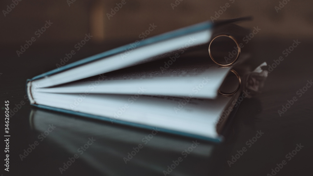 Two wedding rings and a book so close. Meaning, beautiful.