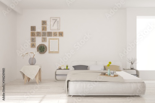 White bedroom interior. Scandinavian design. 3D illustration