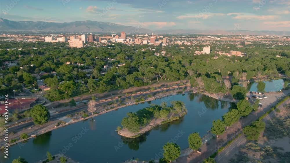Albuquerque, New Mexico, USA. Aerial over Tingley Beach with a view to downtown Albuquerque, New Mexico, USA. Aerial over Tingley Beach with a view to downtown